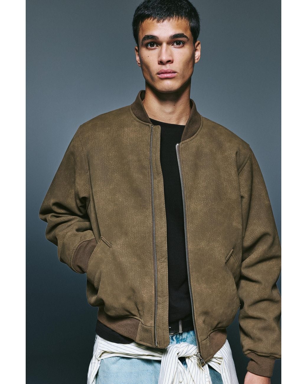 Pull&Bear Green Leather Effect Bomber Jacket for men