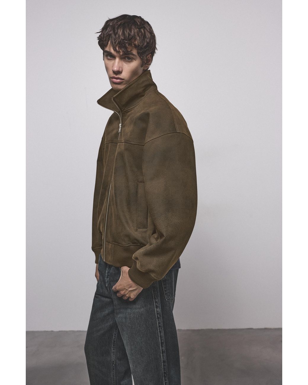 Pull&Bear Brown Washed Effect Leather Effect Jacket for men