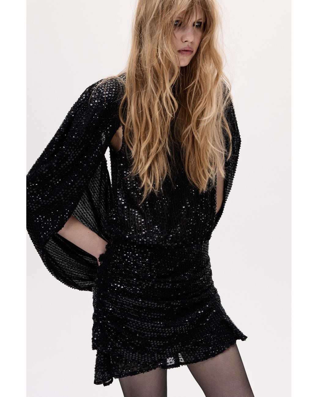 Pull&Bear Black Short Sequin Draped Dress