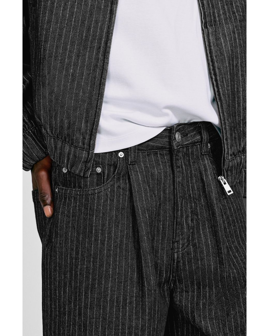 Pull&Bear Gray Pinstripe Skater Denim Bermuda Shorts for men