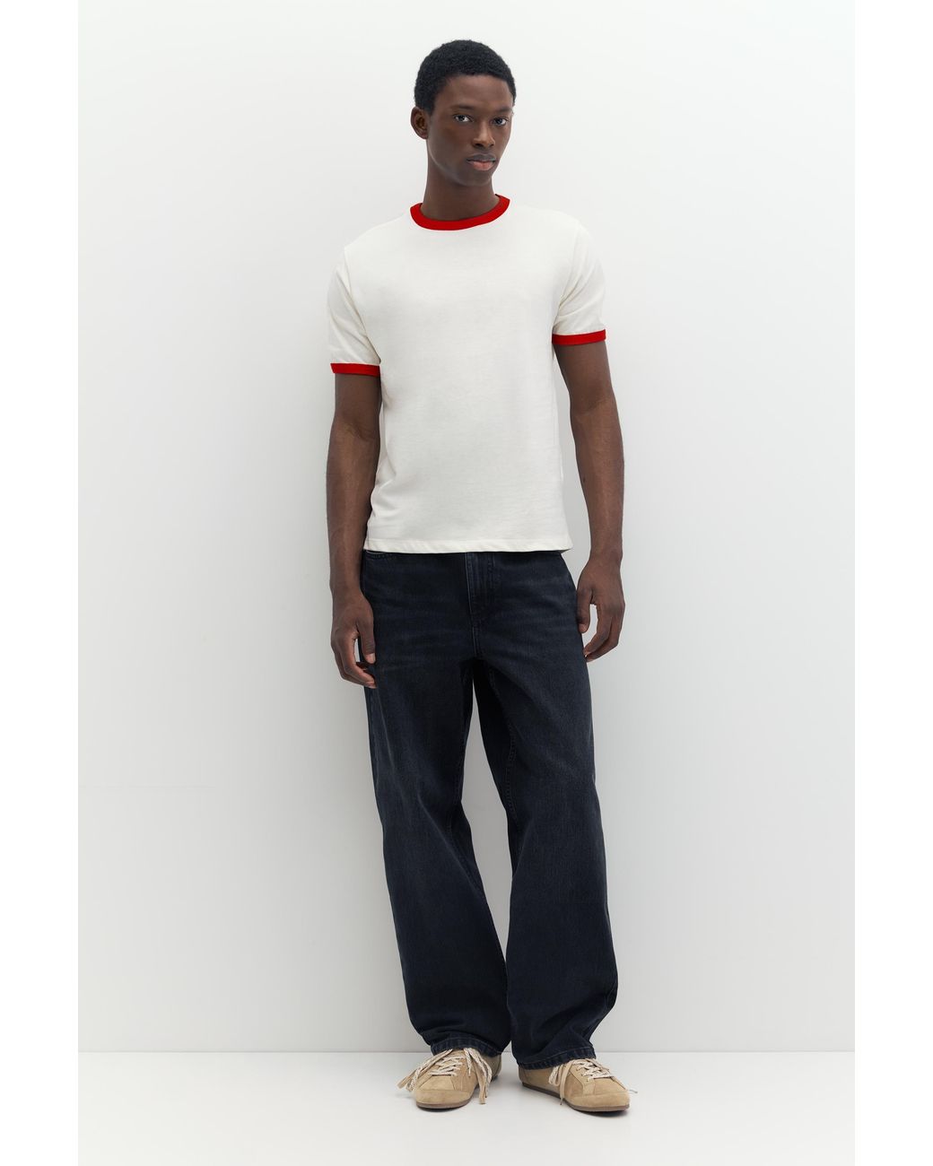 Pull&Bear White Contrast Ribbed T-Shirt for men