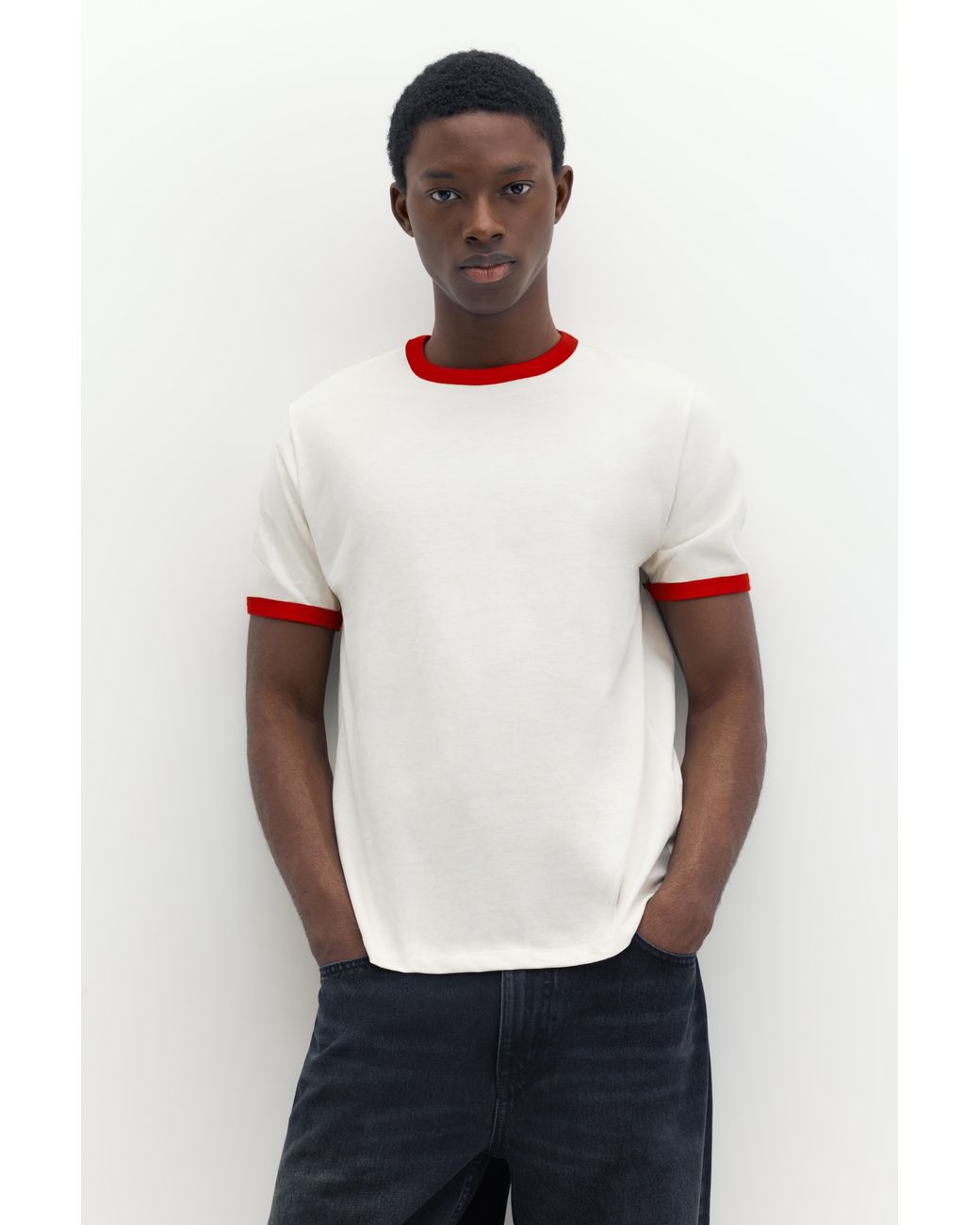 Pull&Bear White Contrast Ribbed T-Shirt for men