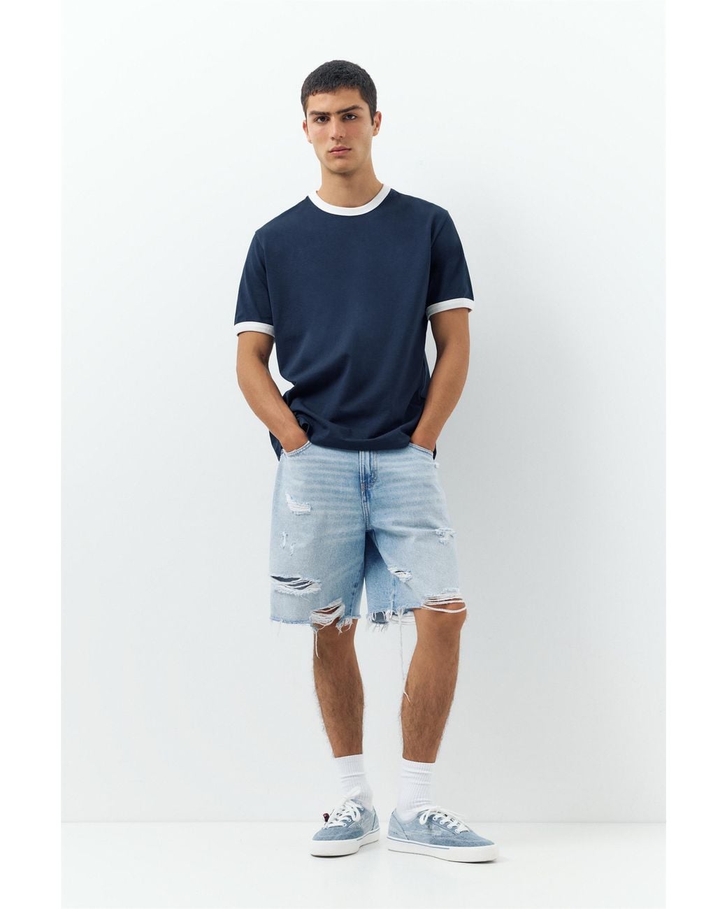 Pull&Bear Blue Straight-Leg Denim Bermuda Shorts for men