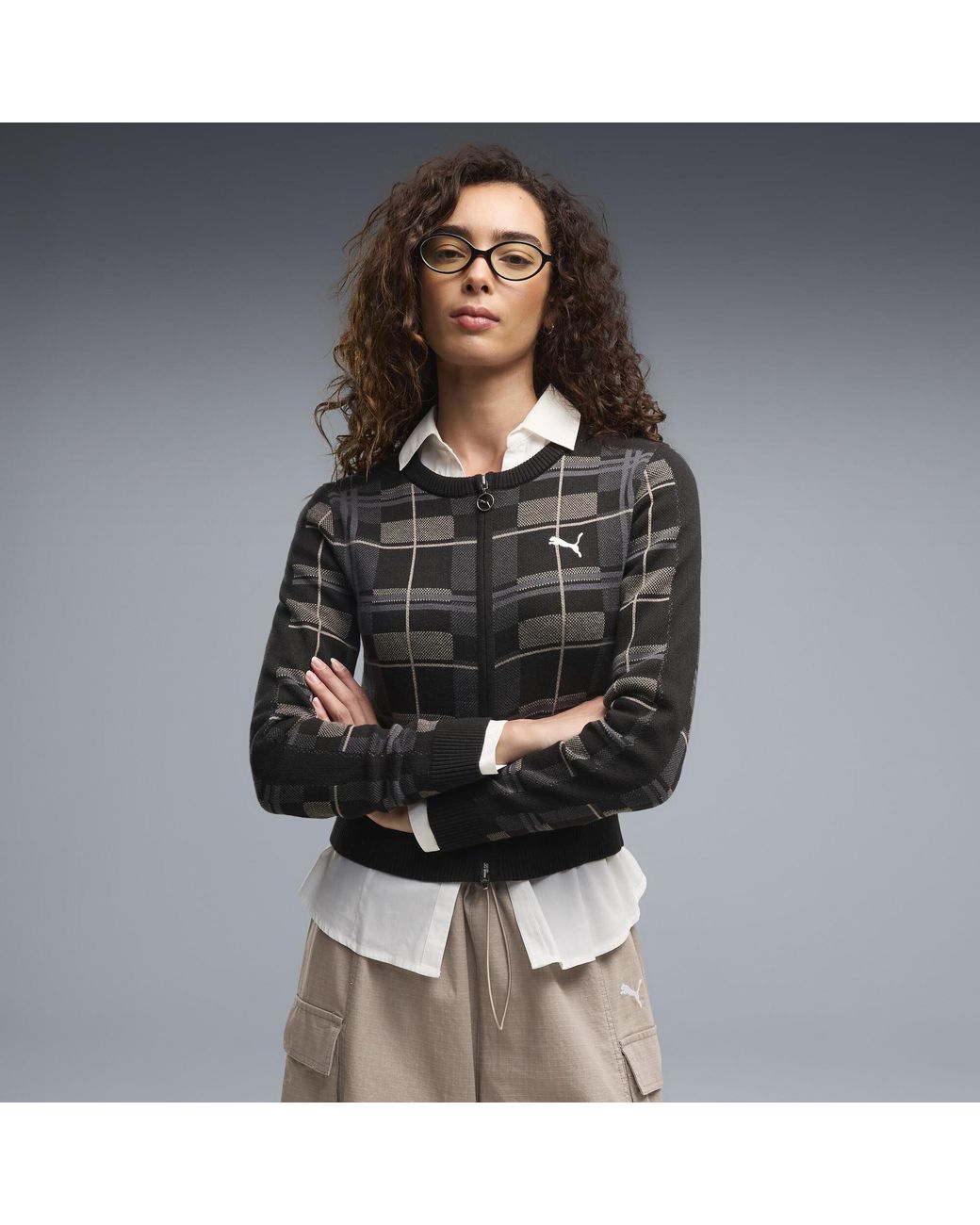 PUMA Black T7 Tartan Slim Knitted Cardigan