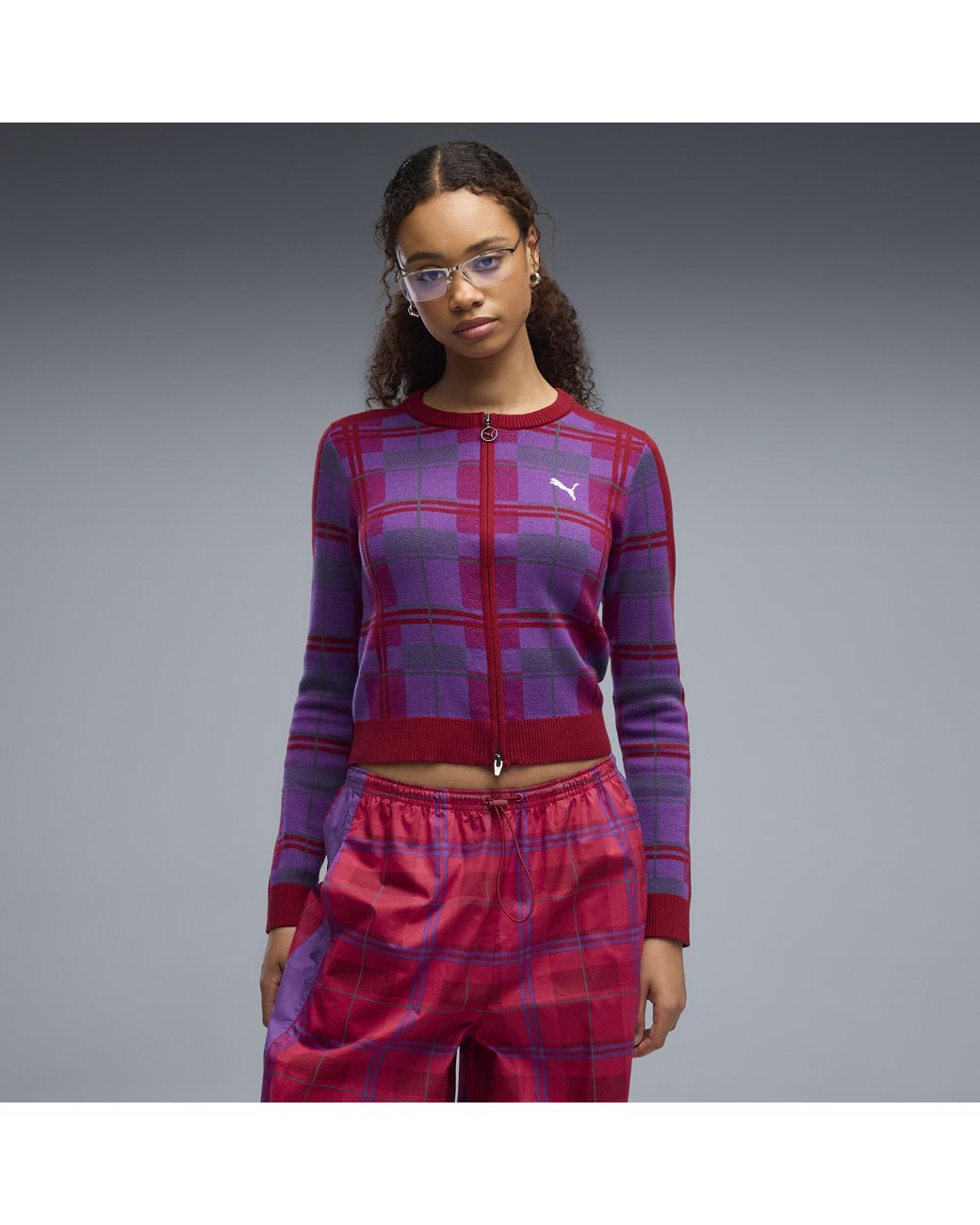 PUMA Purple T7 Tartan Slim Knitted Cardigan