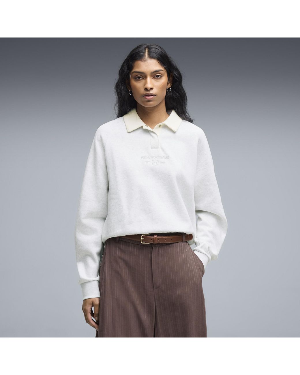 PUMA White Class Relaxed Long Sleeve Fleece Polo