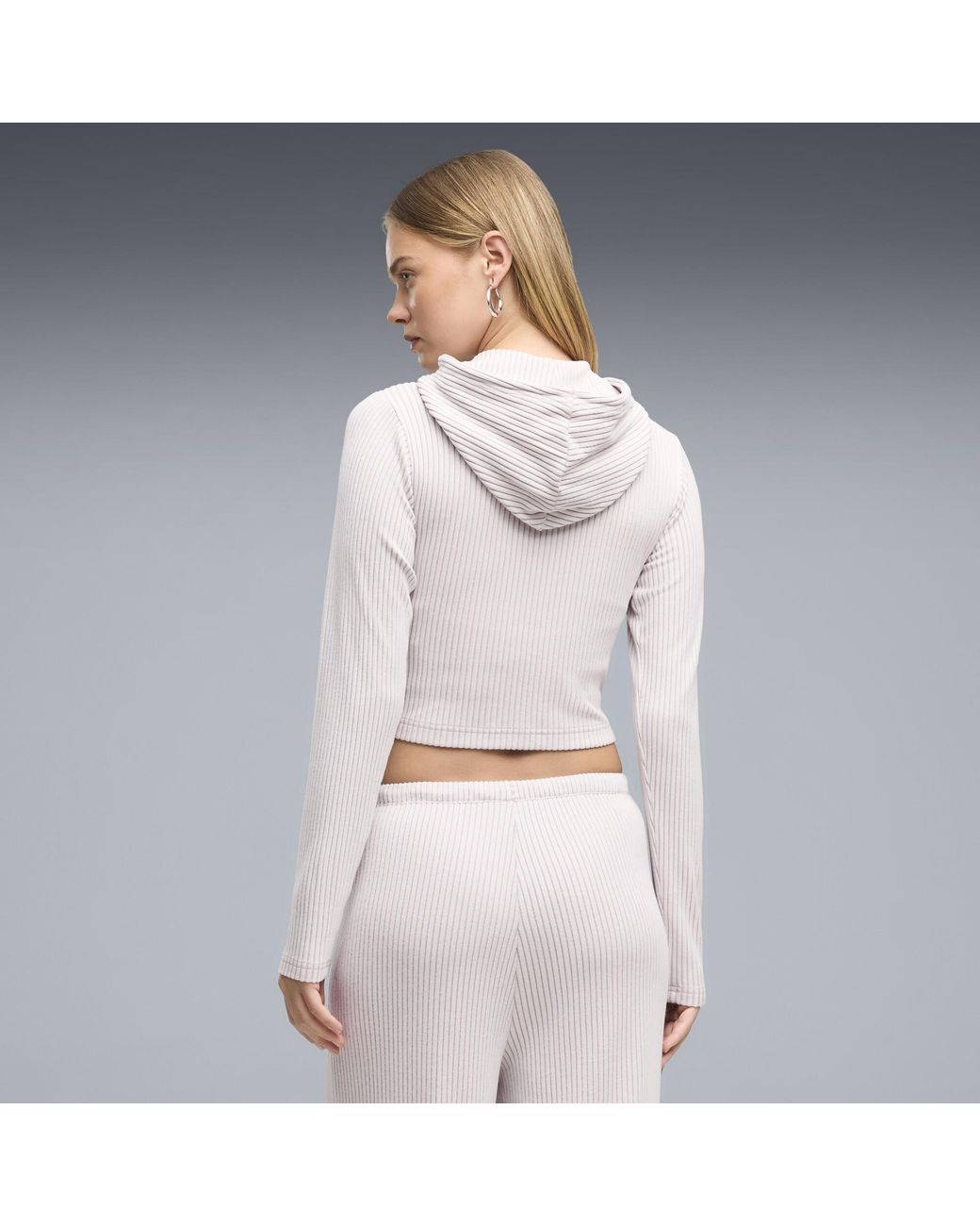 PUMA White Essentials Ribbed Full-Zip Slim Hoodie