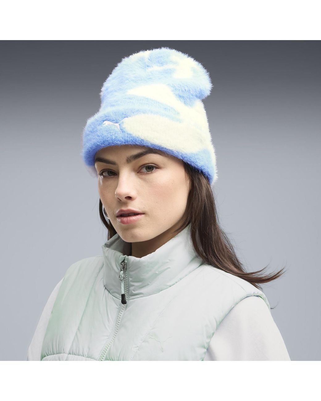 PUMA Blue Brushed Printed Mid Crown Beanie