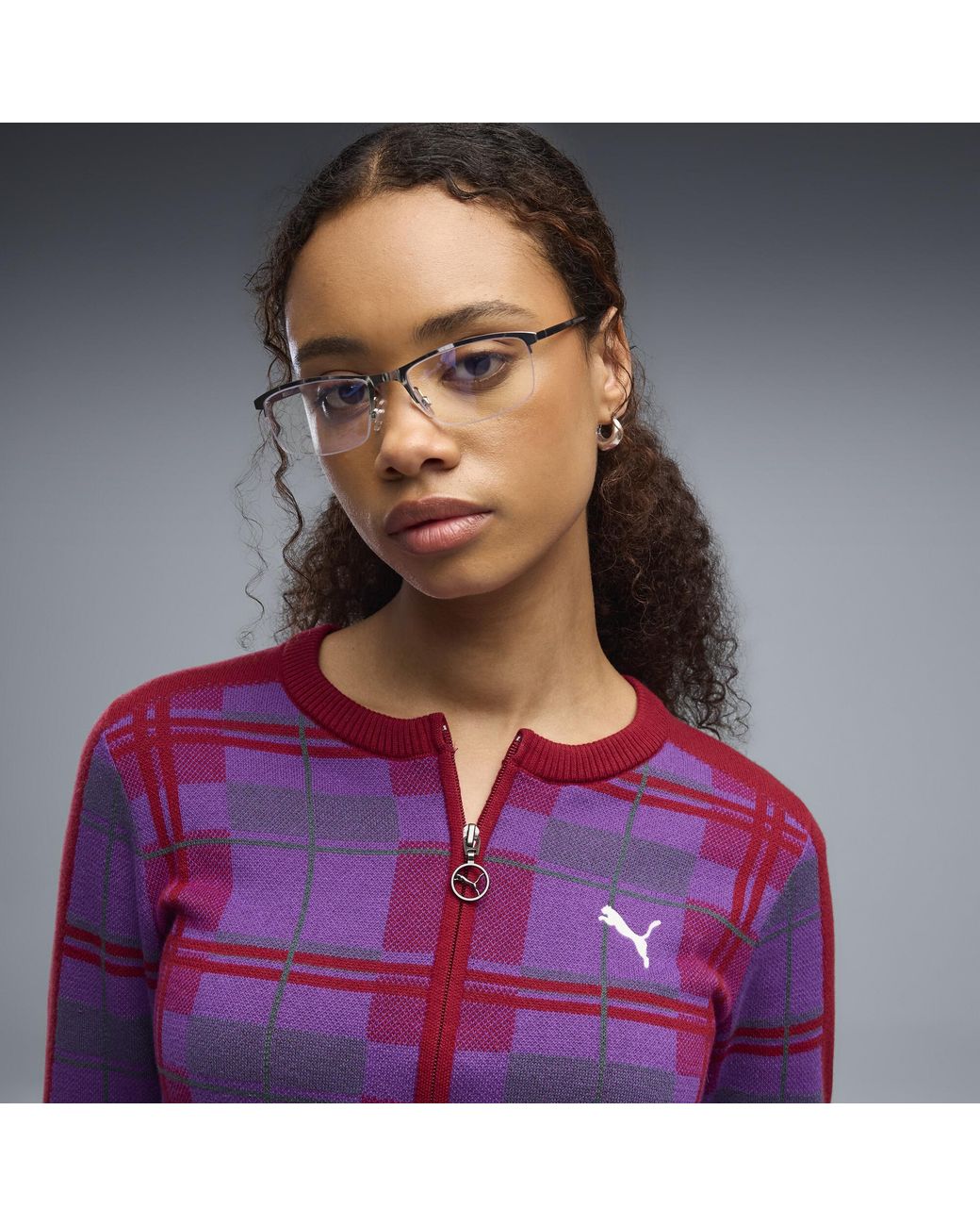 PUMA Purple T7 Tartan Slim Knitted Cardigan
