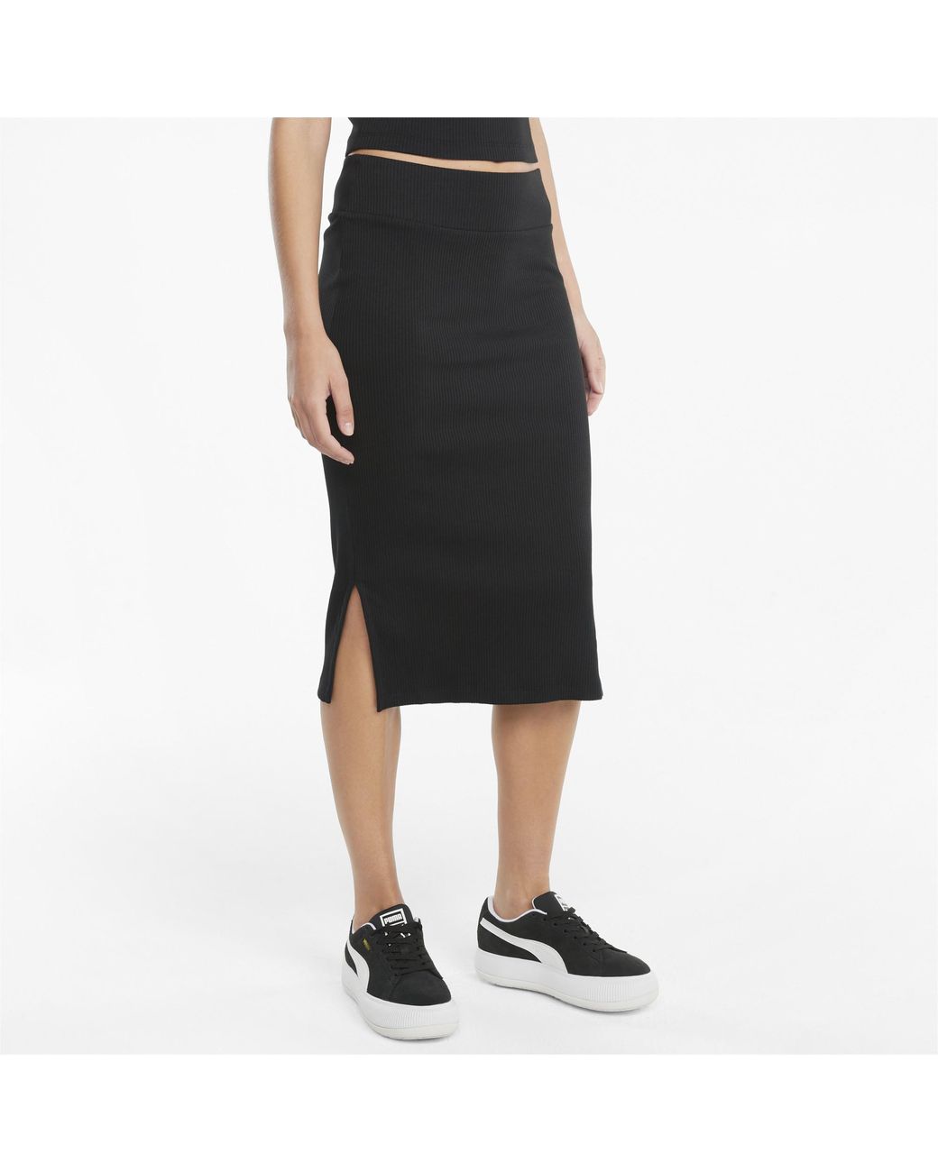 PUMA Classics Ribbed Midi Skirt in Black | Lyst