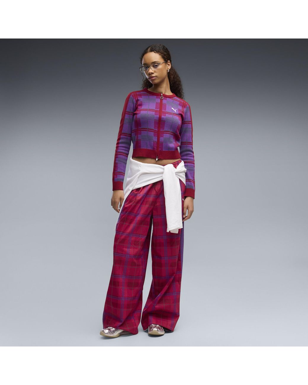 PUMA Purple T7 Tartan Slim Knitted Cardigan