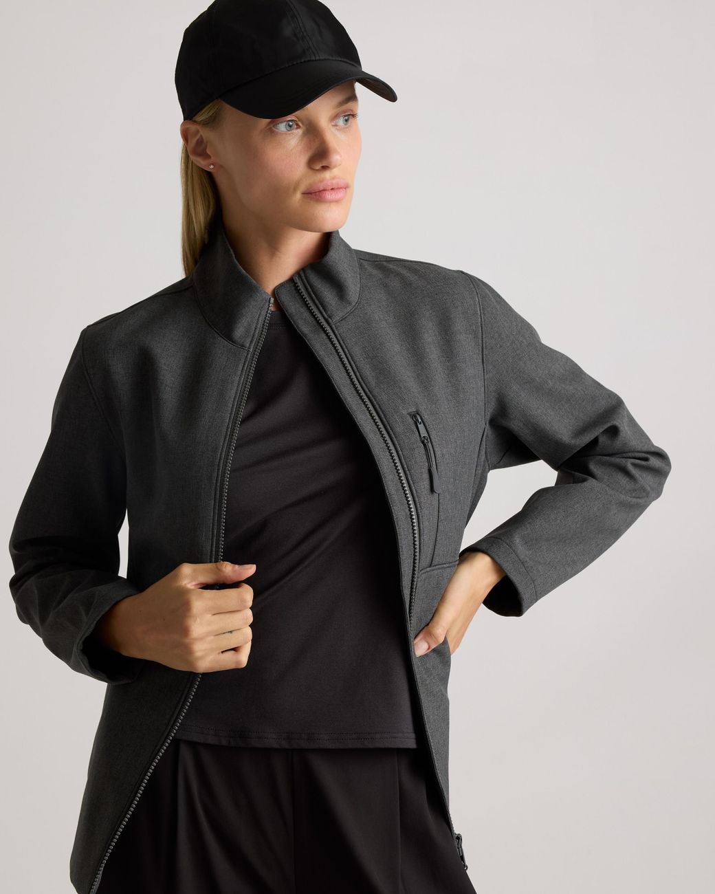 Quince Gray Softshell Fleece-Lined Full-Zip Jacket, Recycled Polyester