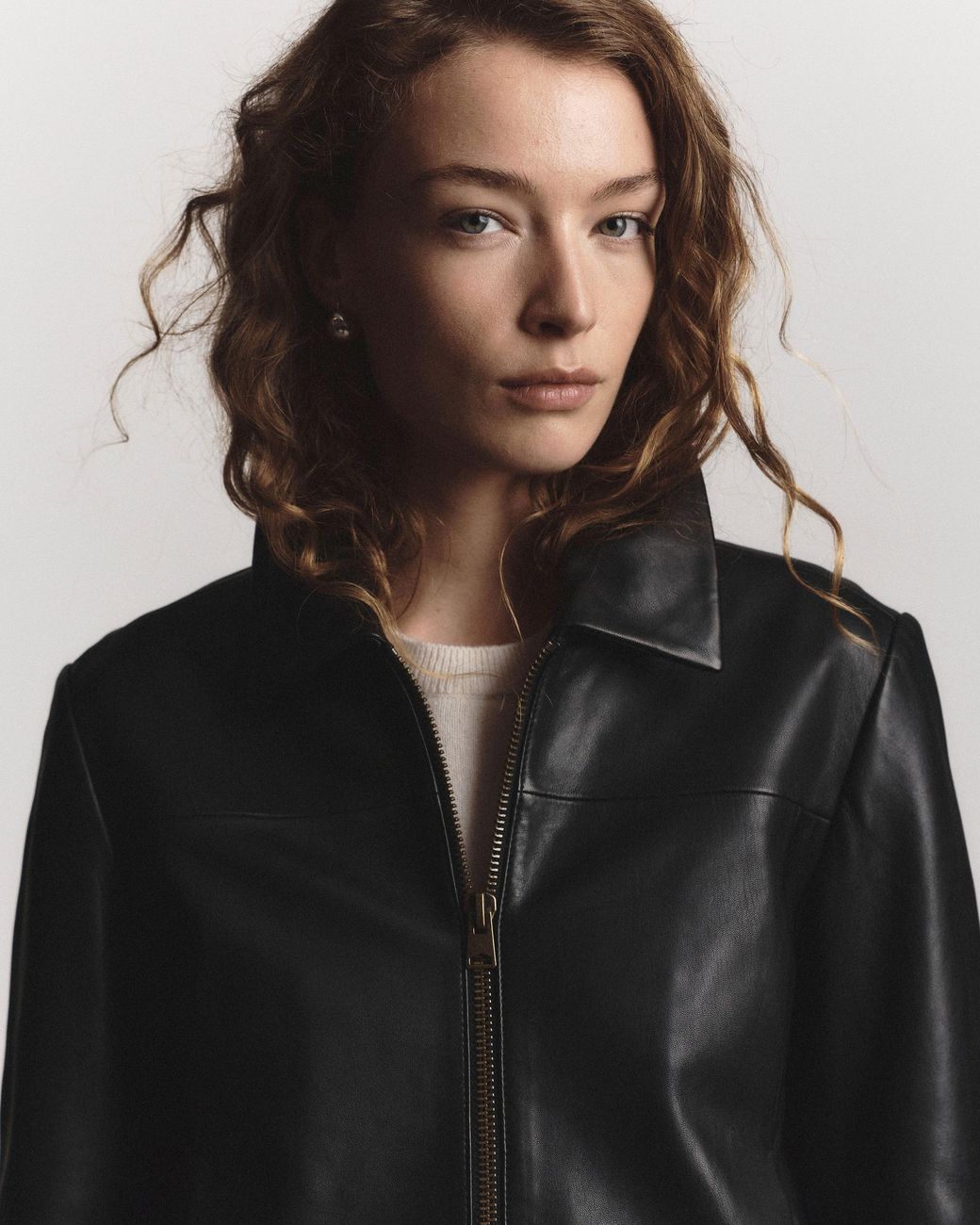 Quince Black Cropped Zip-Front Jacket, Leather