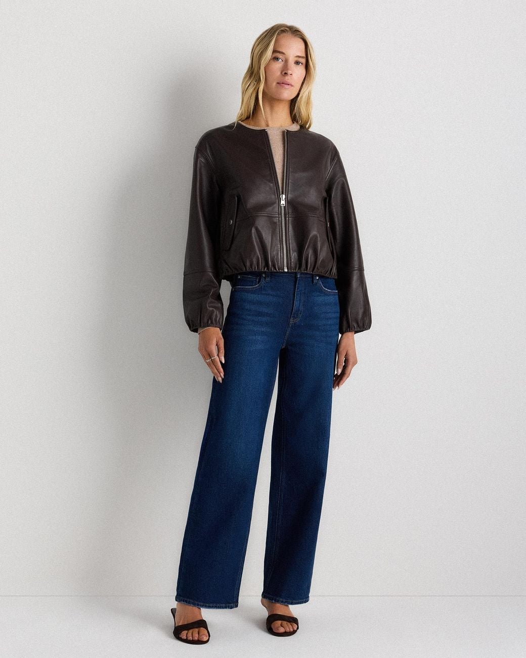 Quince Black Collarless Cropped Bubble Hem Jacket, Leather