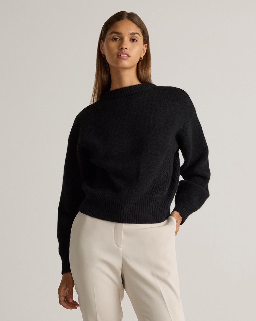 Quince Black 100% Yak Wool Pointelle Detail Relaxed Crew