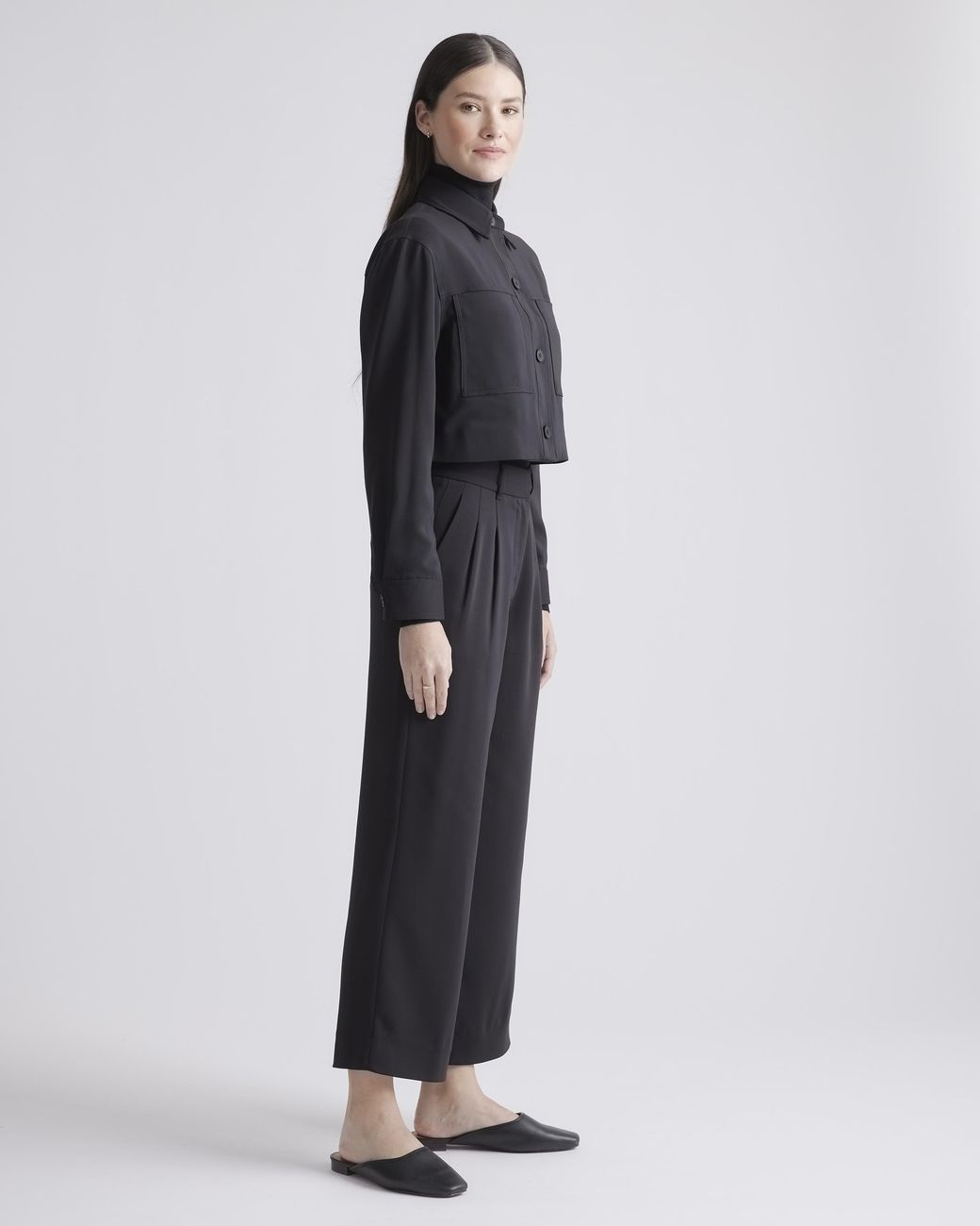Quince Black Stretch Crepe Cropped Jacket, Recycled Polyester Spandex