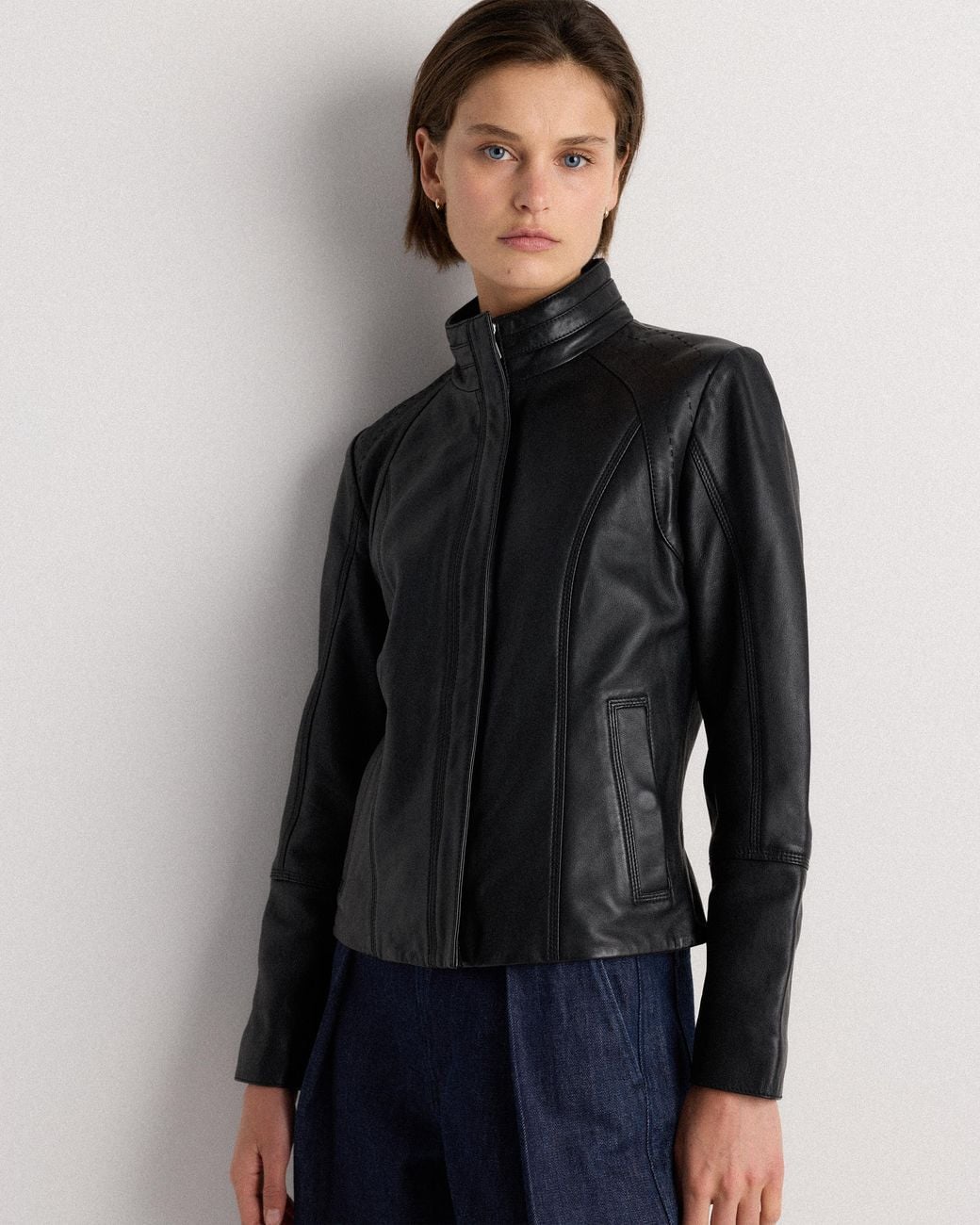 Quince Gray Stand-Collar Jacket, Leather