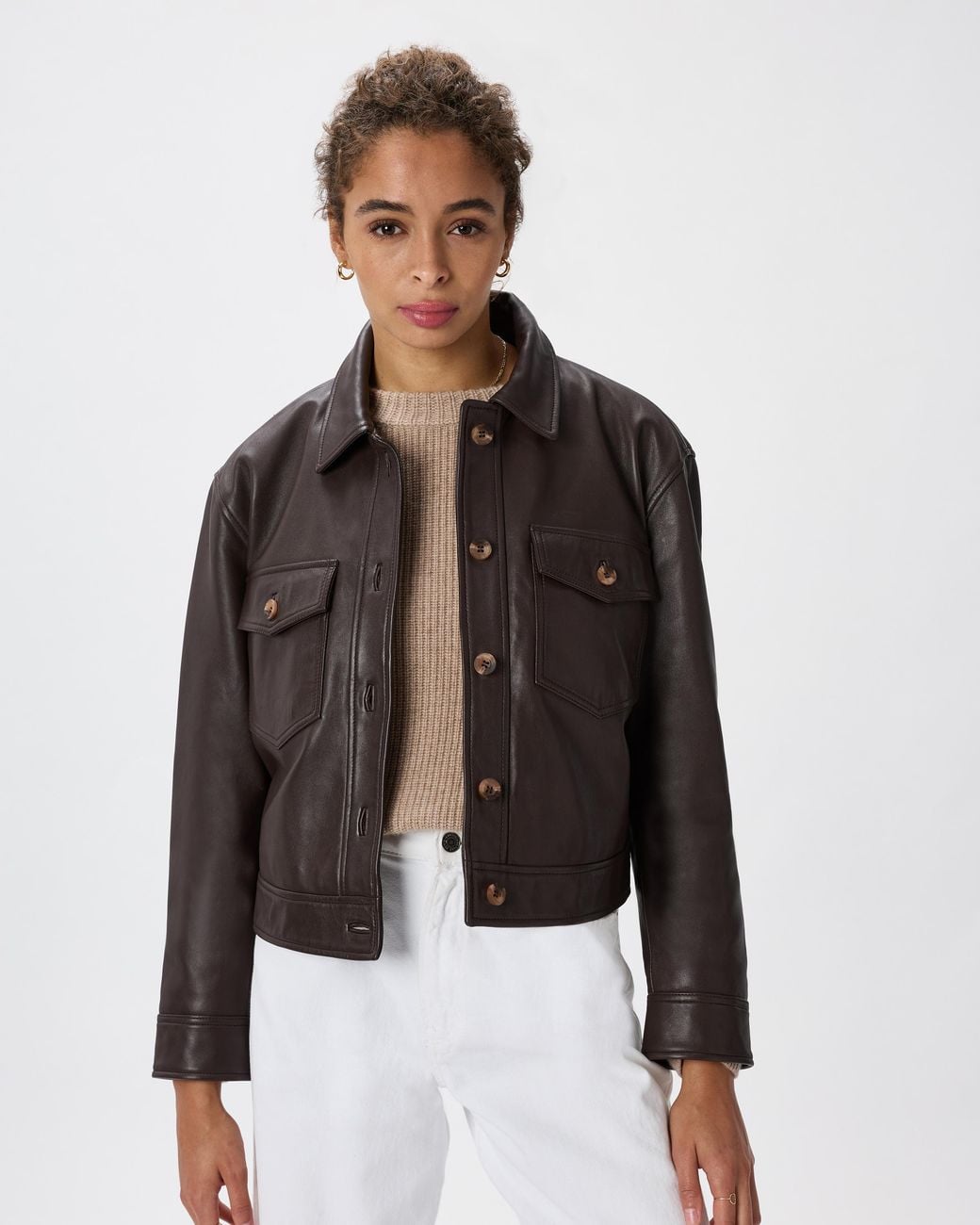 Quince Brown Cropped Jacket, Leather