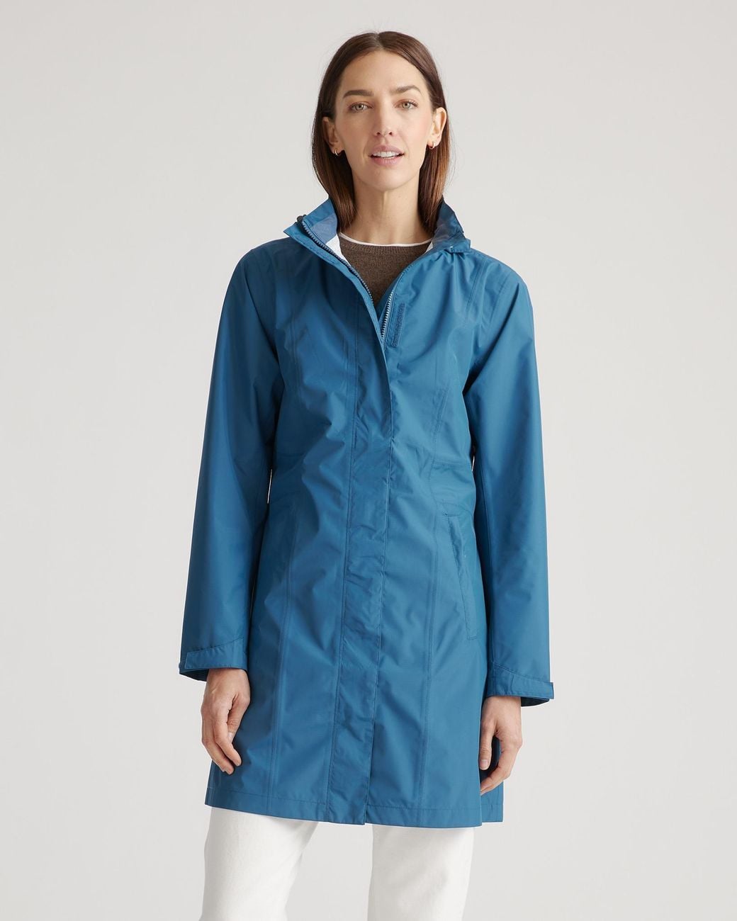 Quince Blue Weather Proof Long Rain Shell Jacket, Polyester/Recycled Polyester Blend