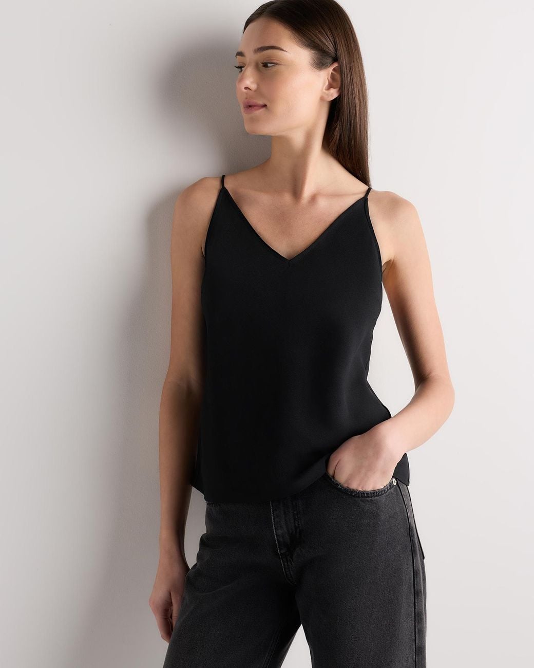 Quince Black Matte V-Neck Cami, Recycled Polyester