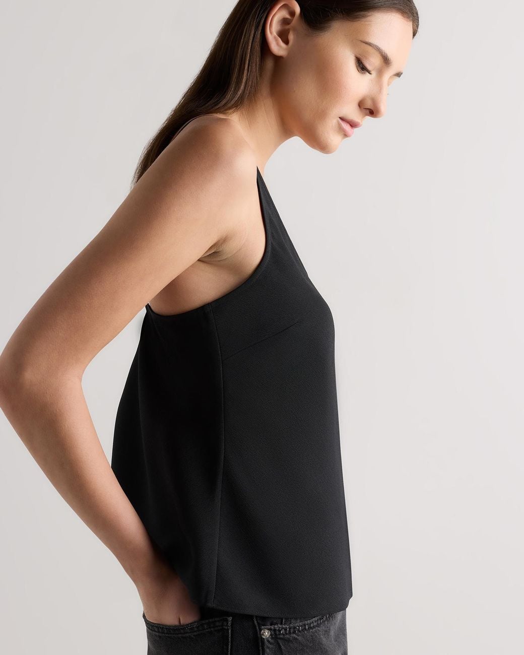 Quince Black Matte V-Neck Cami, Recycled Polyester