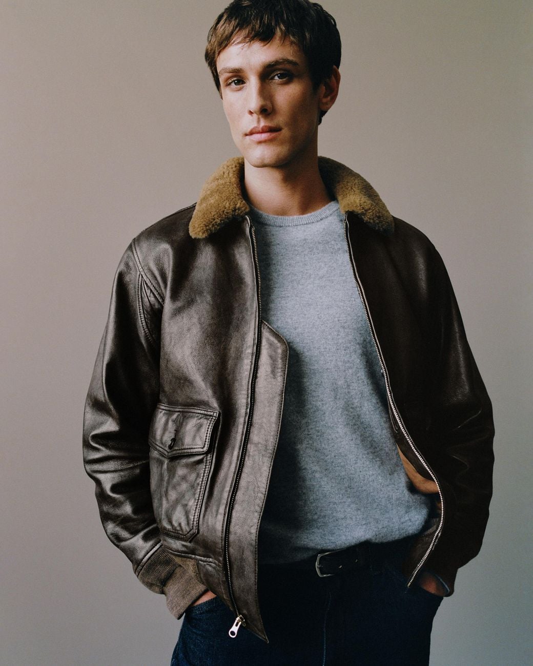 Quince Blue Shearling Collar Leather Flight Jacket for men
