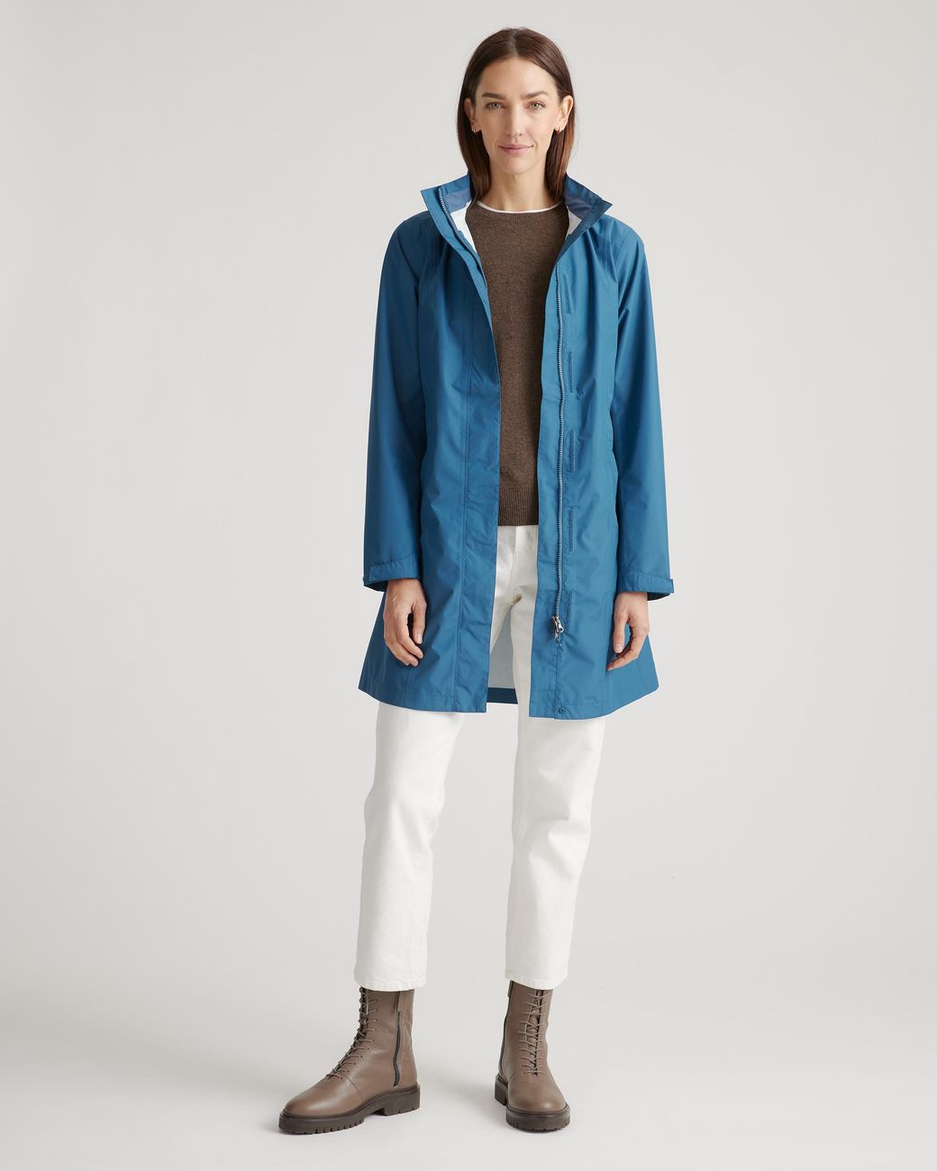 Quince Blue Weather Proof Long Rain Shell Jacket, Polyester/Recycled Polyester Blend