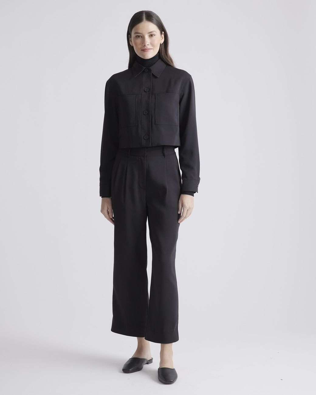 Quince Black Stretch Crepe Cropped Jacket, Recycled Polyester Spandex