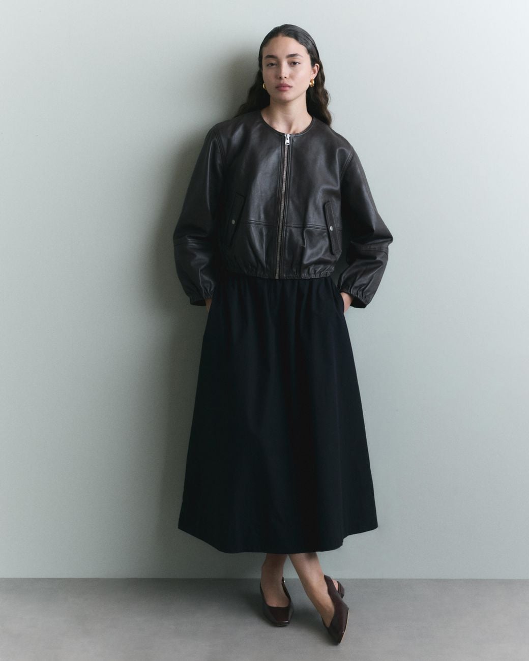 Quince Black Collarless Cropped Bubble Hem Jacket, Leather