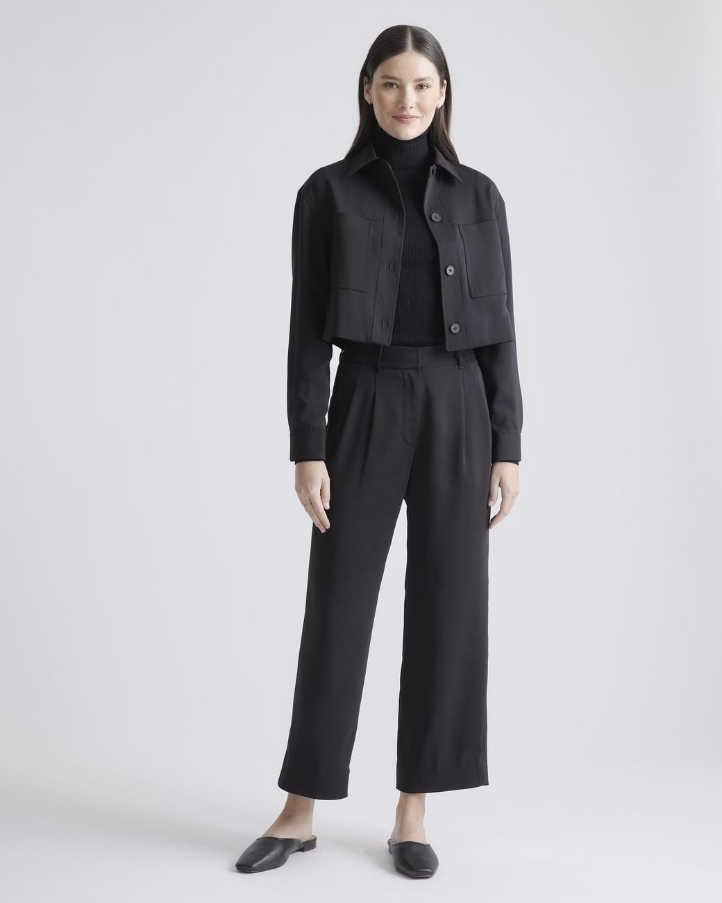 Quince Black Stretch Crepe Cropped Jacket, Recycled Polyester Spandex