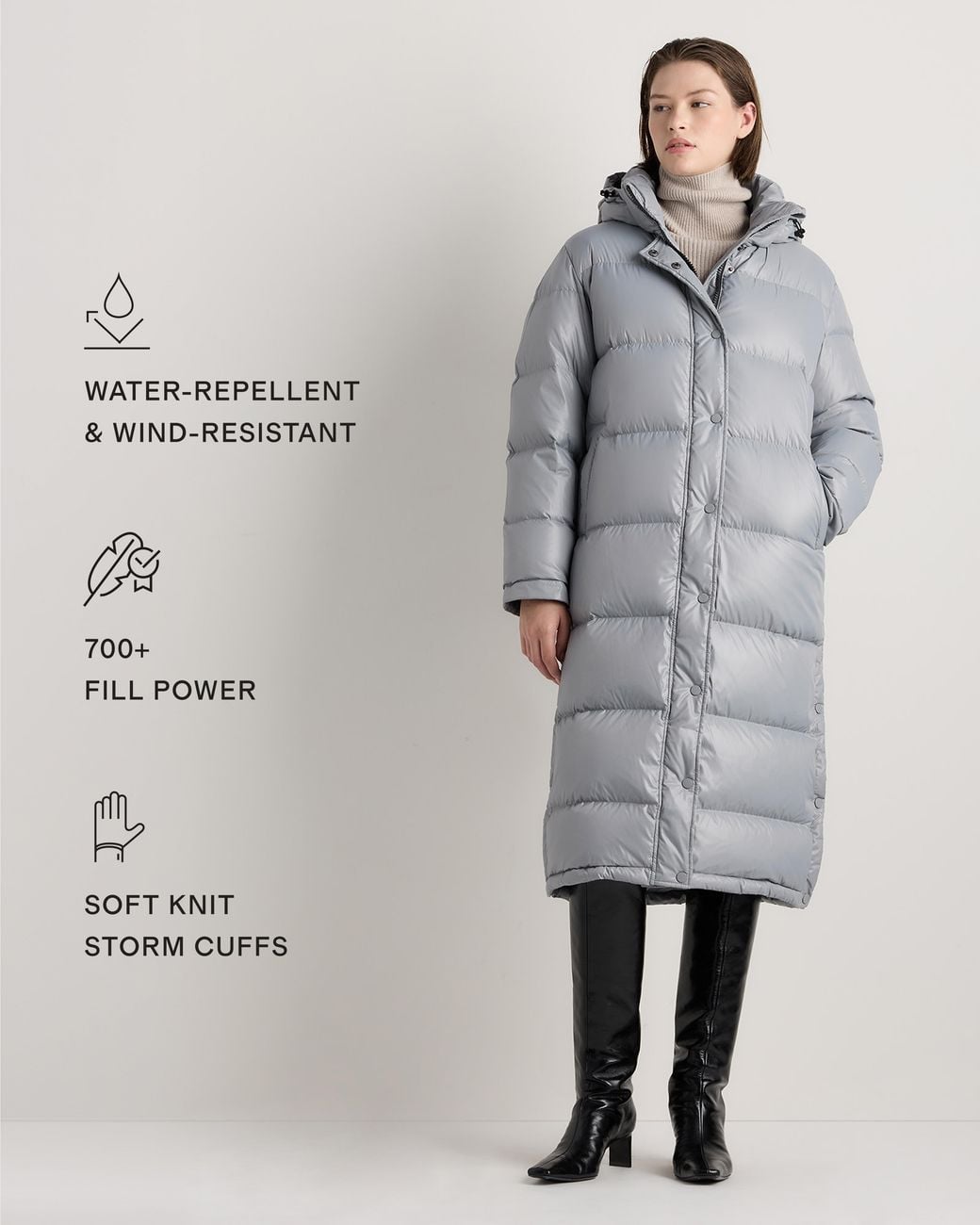 Quince Gray Responsible Down Long Puffer Jacket, Recycled Polyester