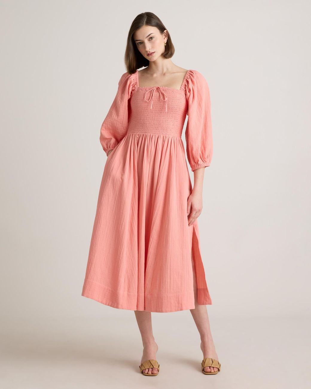 knee length dresses for ladies 100% Cotton Ivory & Black Smocked Midi Dress - All Dresses main image 0