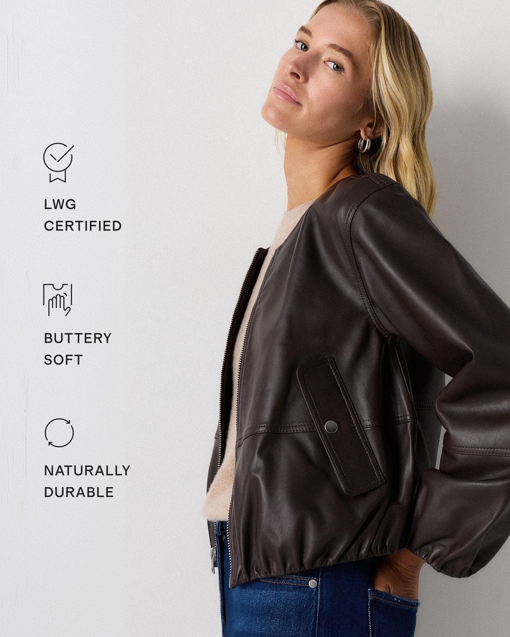 Quince Black Collarless Cropped Bubble Hem Jacket, Leather
