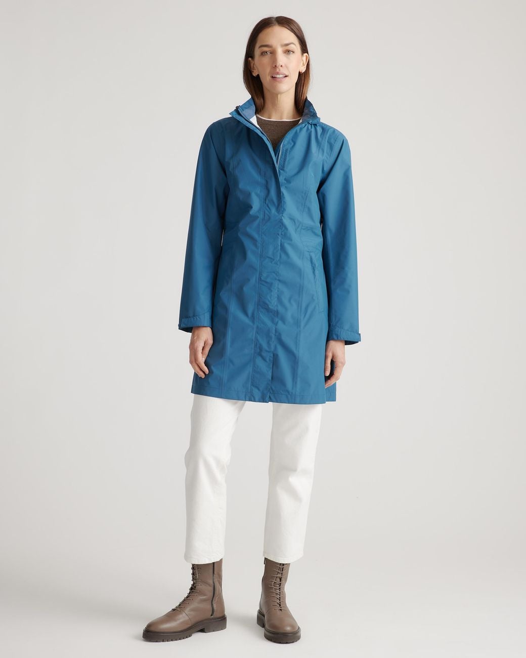Quince Blue Weather Proof Long Rain Shell Jacket, Polyester/Recycled Polyester Blend