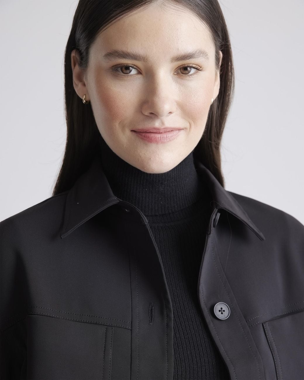 Quince Black Stretch Crepe Cropped Jacket, Recycled Polyester Spandex