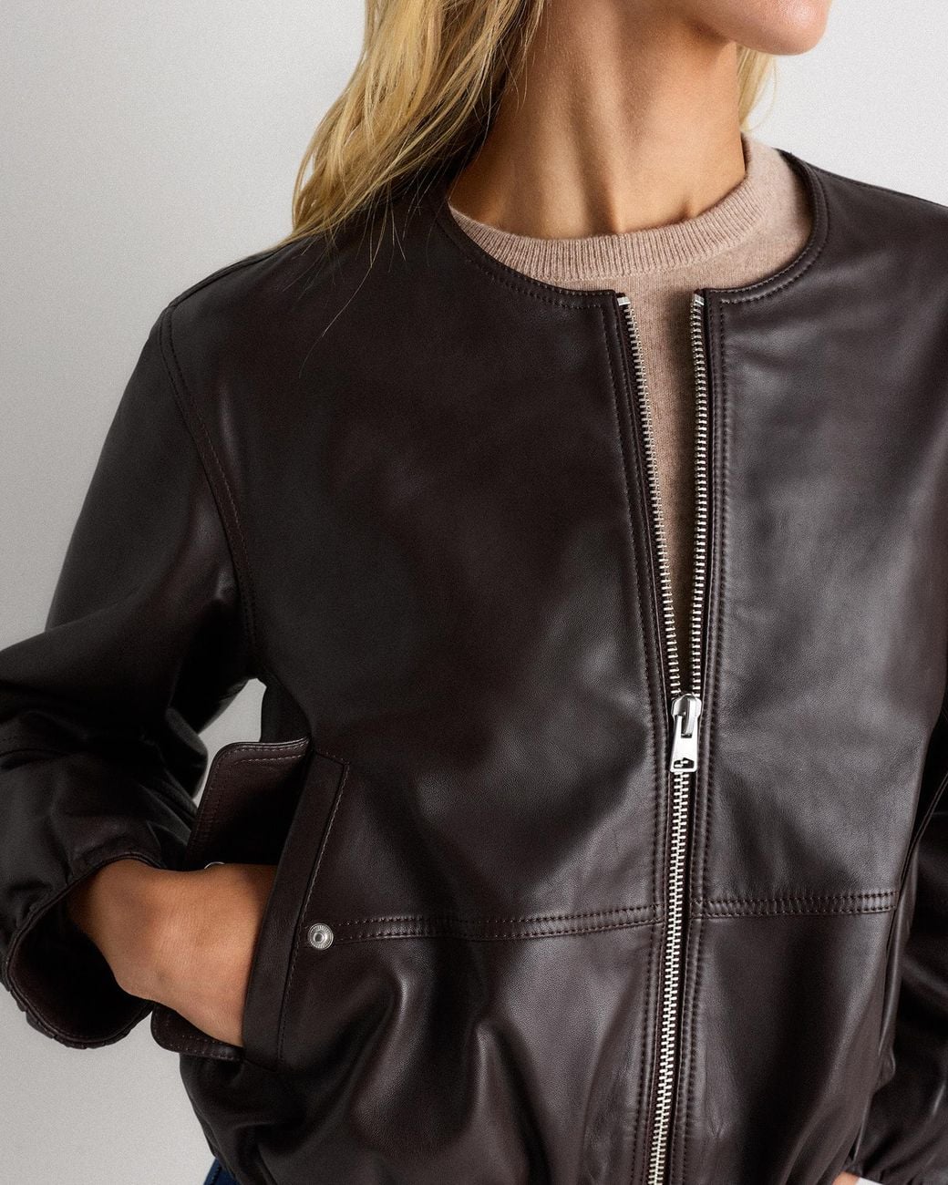 Quince Black Collarless Cropped Bubble Hem Jacket, Leather