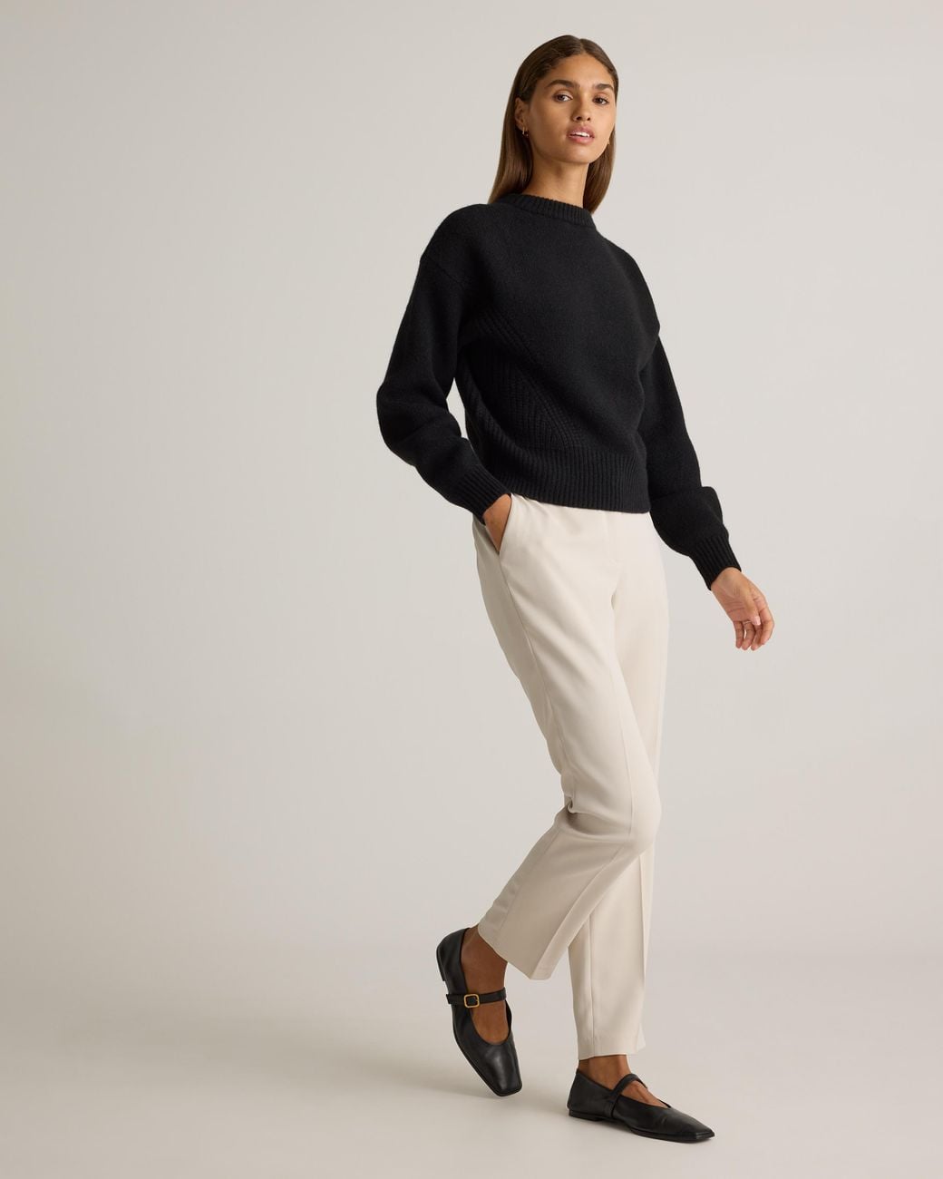 Quince Black 100% Yak Wool Pointelle Detail Relaxed Crew