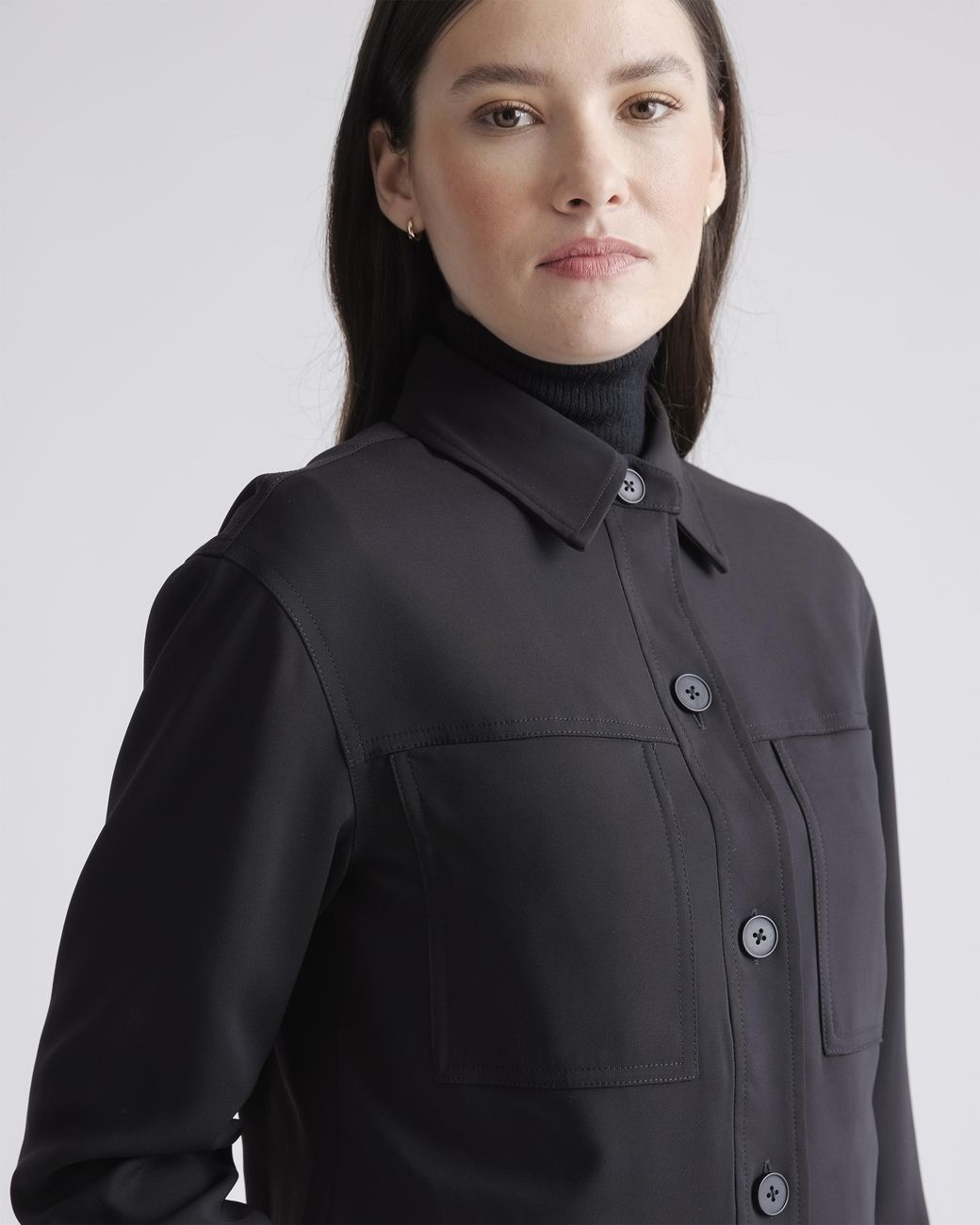 Quince Black Stretch Crepe Cropped Jacket, Recycled Polyester Spandex