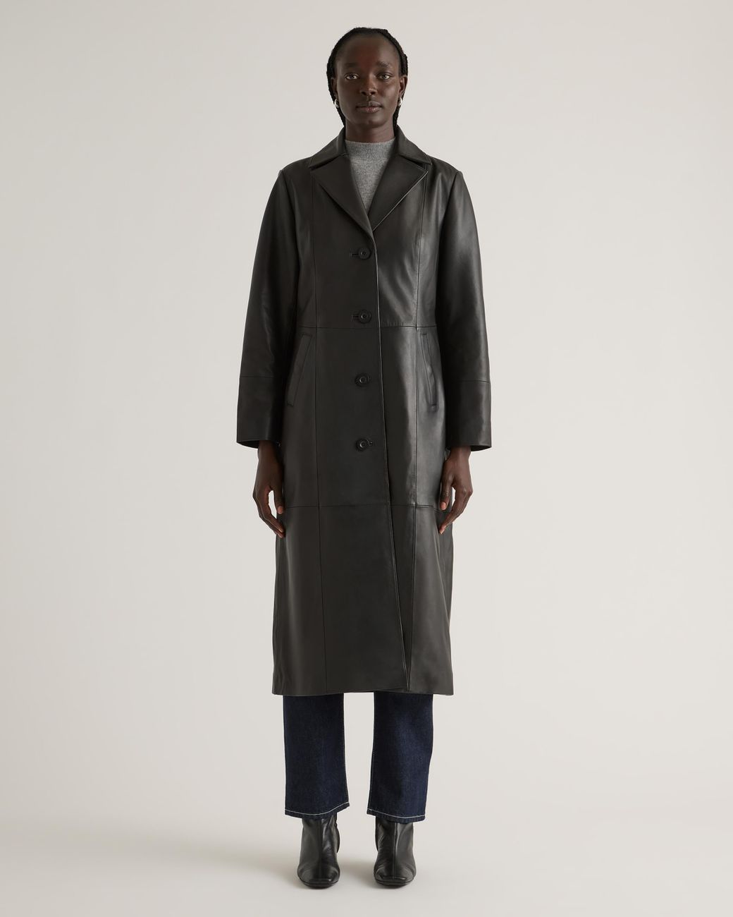 Quince Long Trench Coat, Leather in Black | Lyst