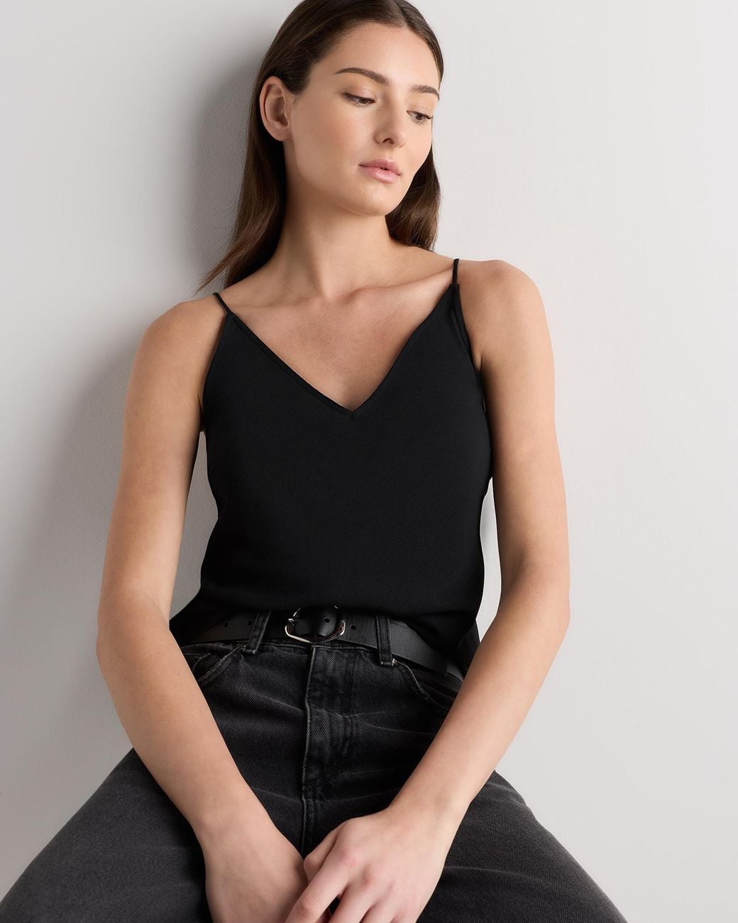 Quince Black Matte V-Neck Cami, Recycled Polyester
