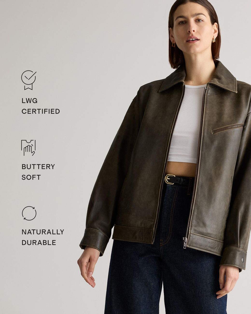 Quince Brown Oversized Bomber Jacket, Leather