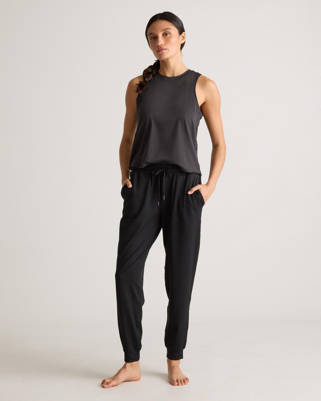 Quince Black Flowknit Mid-Rise Joggers, Recycled Poly With Stretch