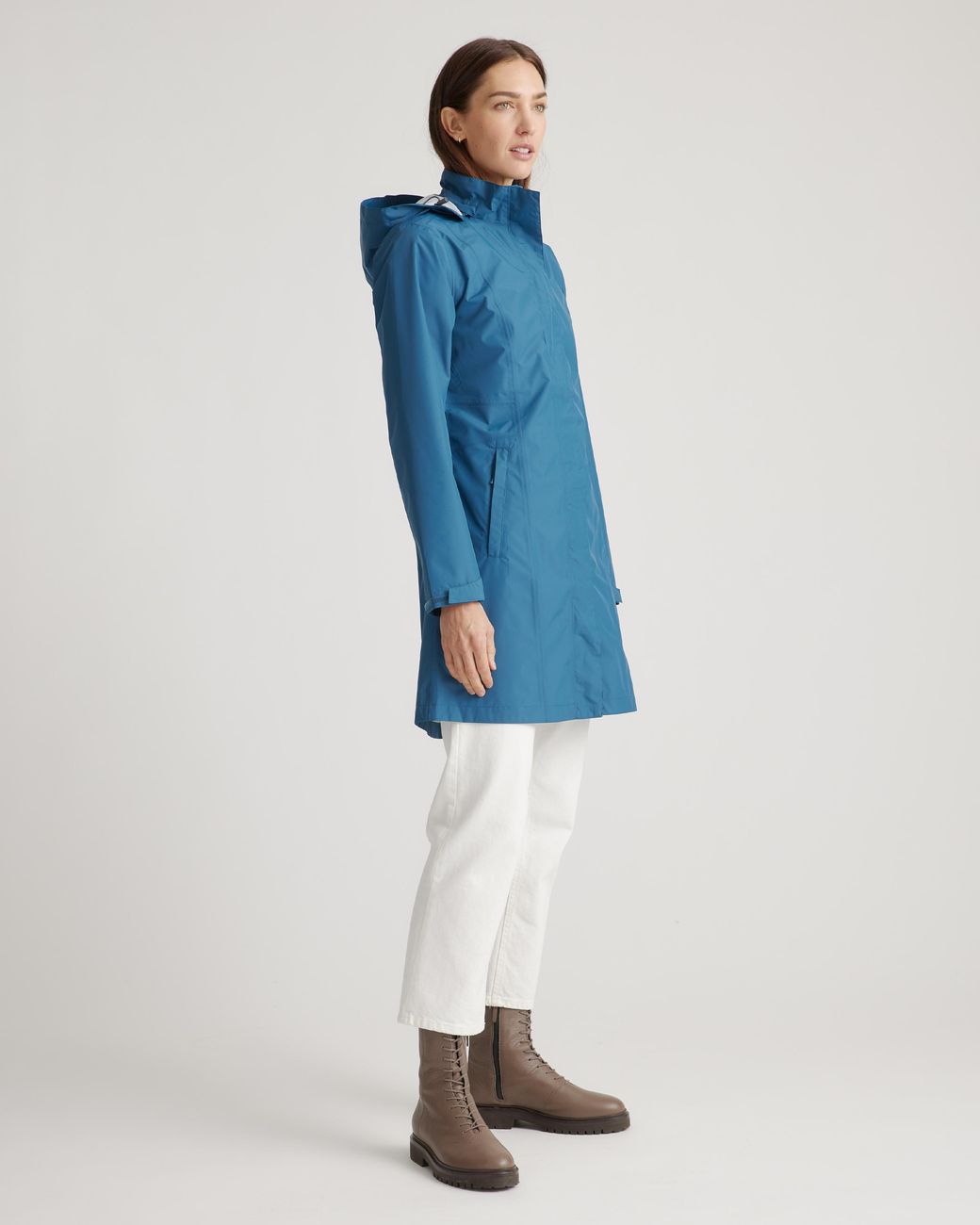 Quince Blue Weather Proof Long Rain Shell Jacket, Polyester/Recycled Polyester Blend