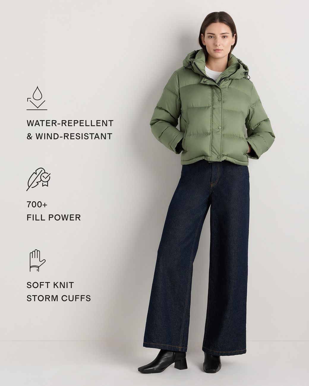 Quince Green Responsible Down Cropped Puffer Jacket, Recycled Polyester