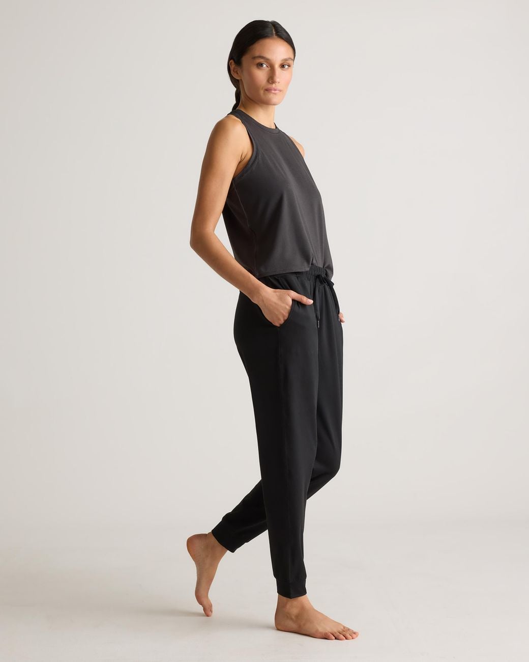 Quince Black Flowknit Mid-Rise Joggers, Recycled Poly With Stretch