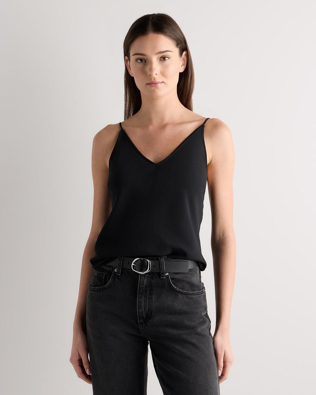 Quince Black Matte V-Neck Cami, Recycled Polyester