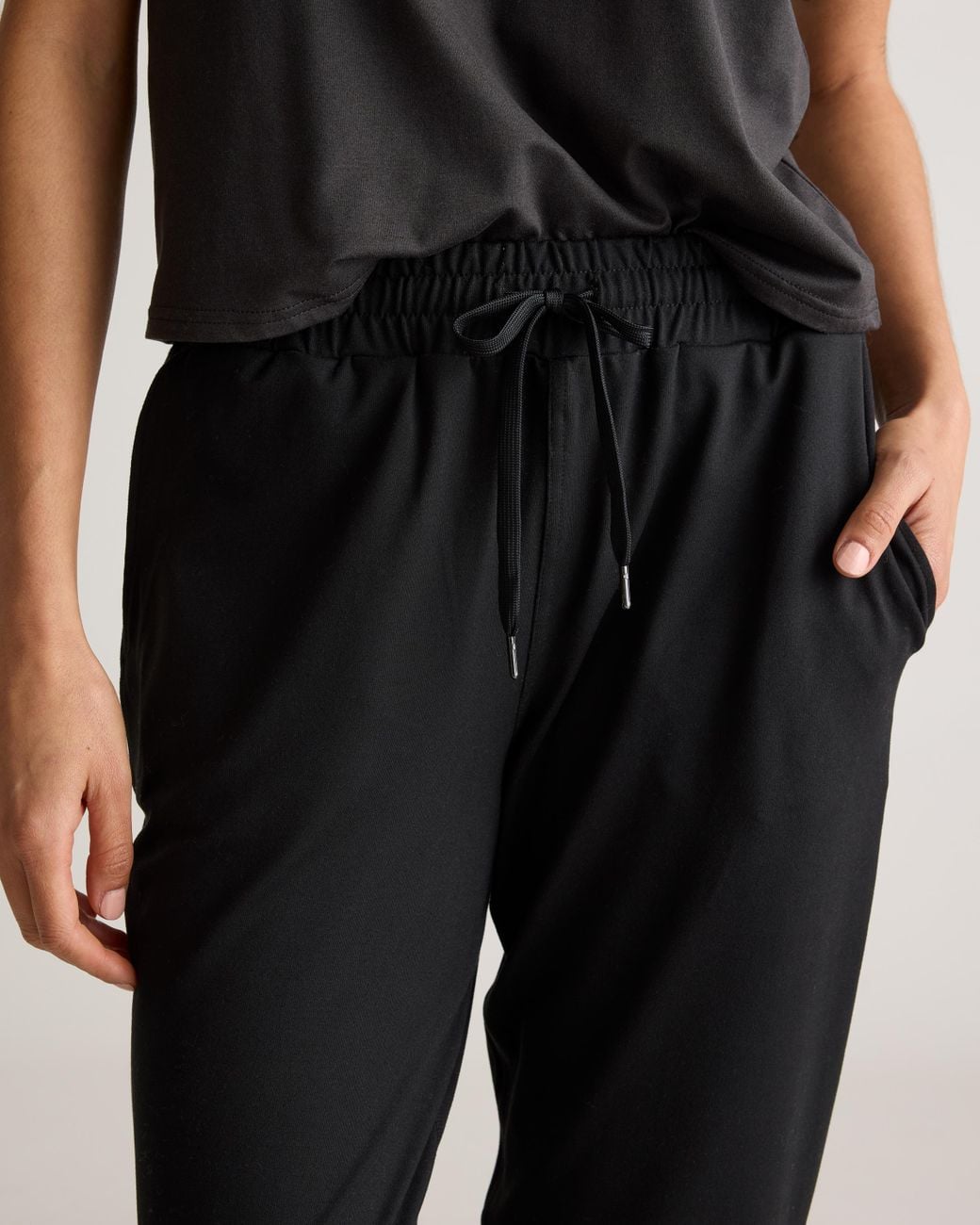 Quince Black Flowknit Mid-Rise Joggers, Recycled Poly With Stretch