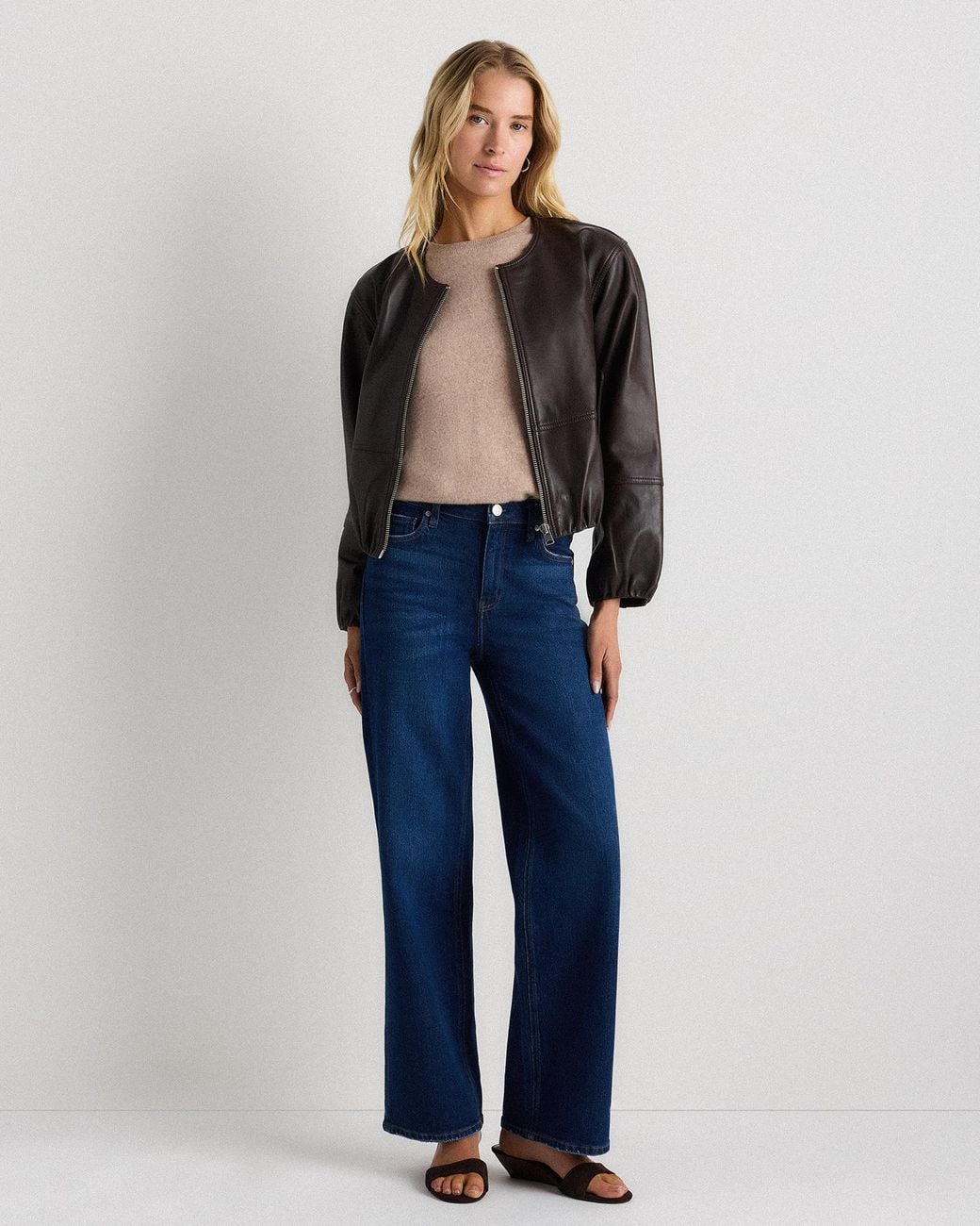 Quince Black Collarless Cropped Bubble Hem Jacket, Leather