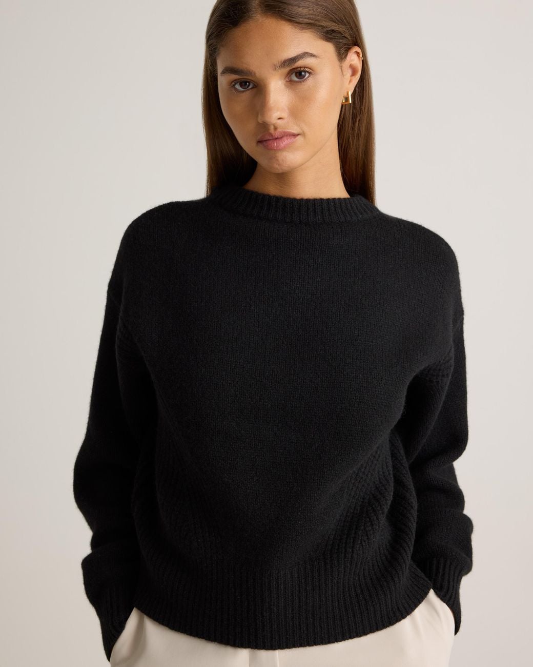 Quince Black 100% Yak Wool Pointelle Detail Relaxed Crew