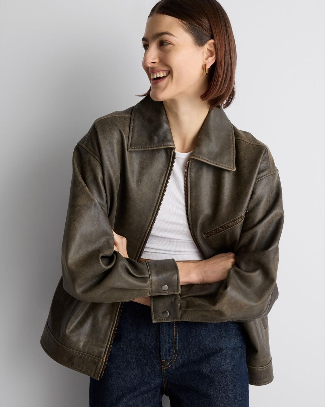 Quince Brown Oversized Bomber Jacket, Leather